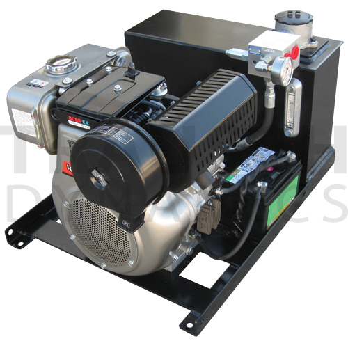 Lowboy Hydraulic Power Unit, 9.5 HP Kubota Diesel Motor, Electric Start, Battery included, Painted Black, 4 Hole Bolt Down on Frame, Engine Oil Onboard, 4.6 GPM Maximum, 3000 PSI Maximum, #12 SAE O-Ring Ports, #8 SAE O-Ring Drain Port, Adjustable Relief Valve: 100-3000 PSI, 12 Gallon Nominal / 10 Gallon Usable Tank, Gear Pump, Filler Breather Integral, 100 Mesh Suction Filter with 3 PSI Bypass, 10 Micron Return Filter.